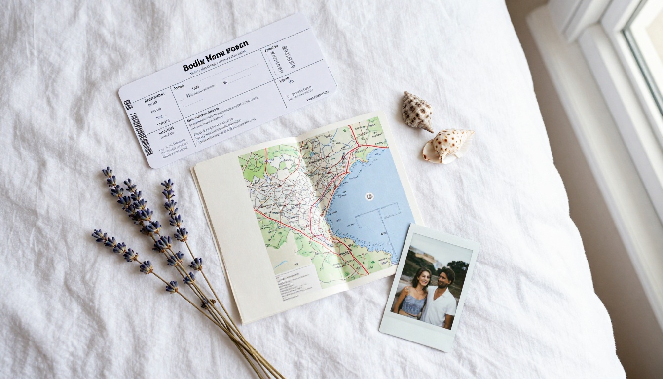 Overhead flat lay of a honeymoon scrapbook page with boarding passes, a folded map and dried lavender