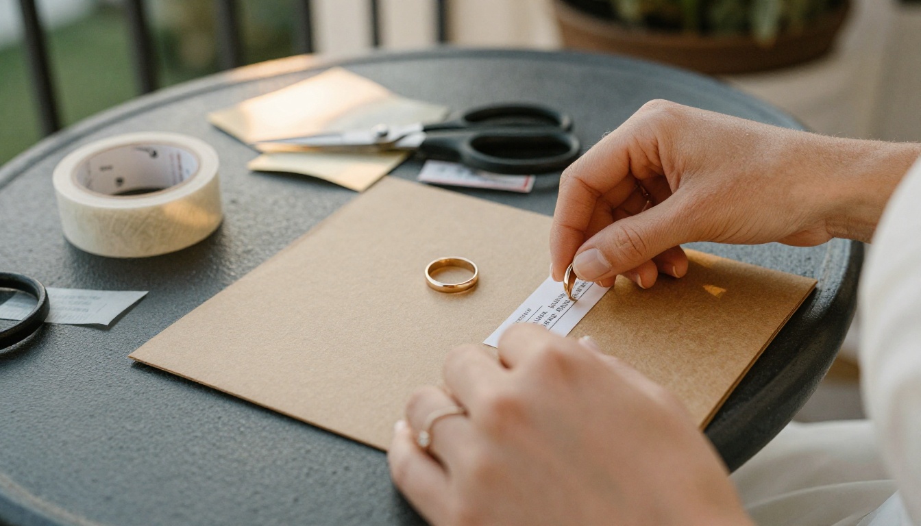A bride gluing a ticket stub onto a kraft paper scrapbook page on a hotel balcony