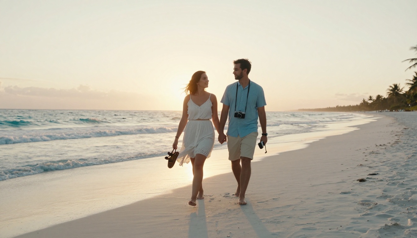 A couple walking hand in hand along a tropical beach at sunset