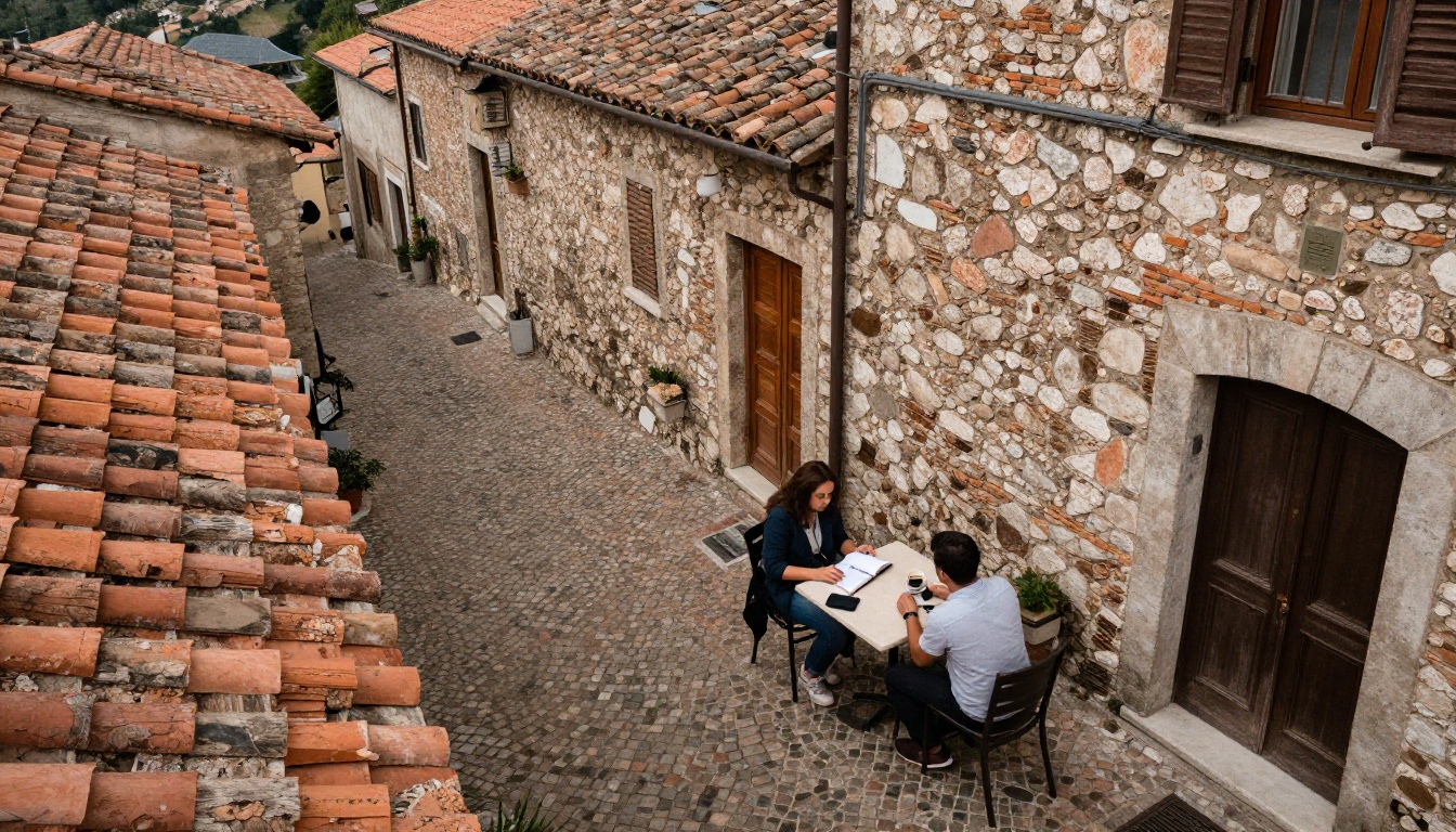 Aerial view of a couple at a cafe table with a travel journal in a hillside town