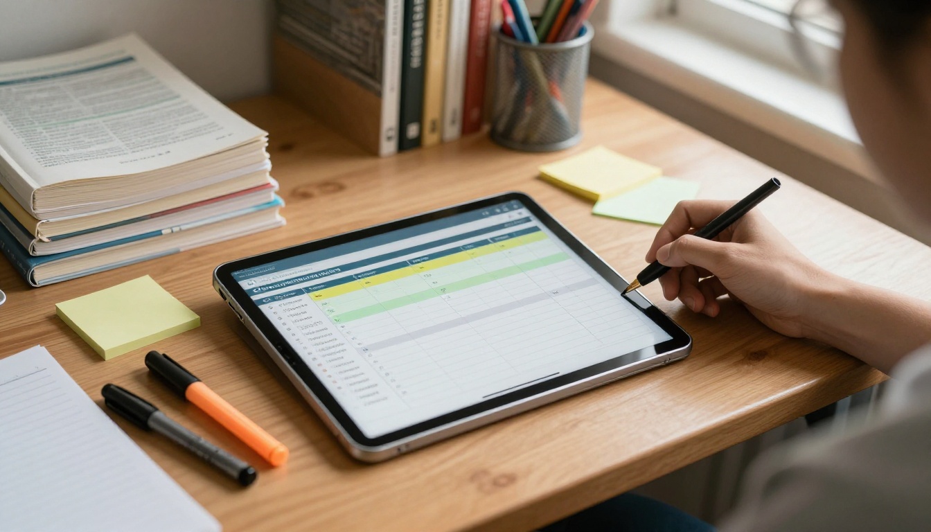 Student desk with a tablet showing an academic digital planner Student desk with a tablet showing an academic digital planner
