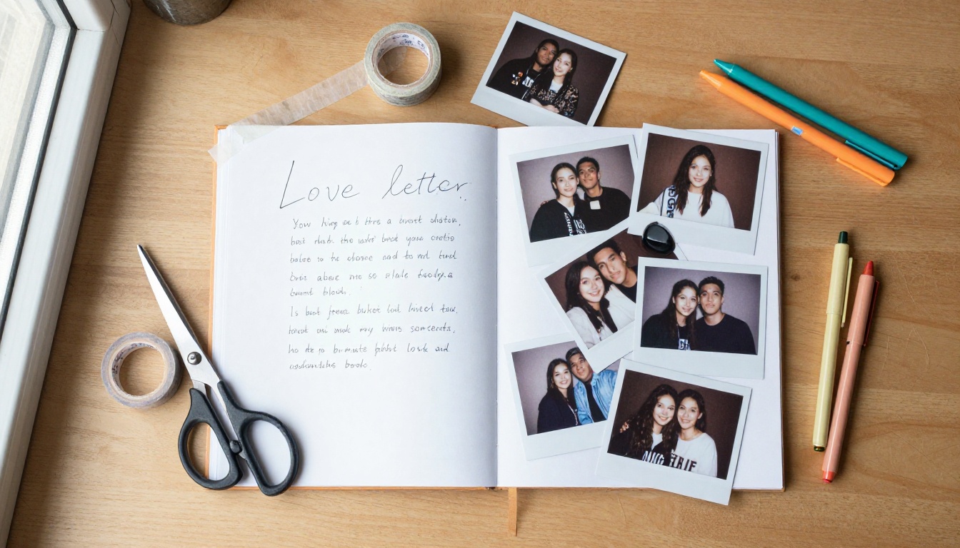 A flat lay of a half-assembled love letter zine with Polaroids, scissors and washi tape A flat lay of a half-assembled love letter zine with Polaroids, scissors and washi tape
