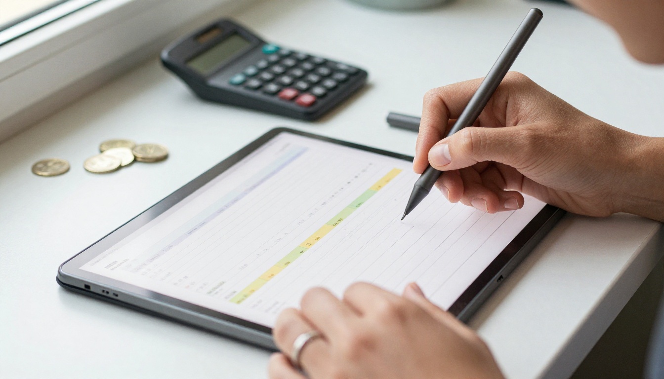 Hands writing in a budget digital planner on a tablet Hands writing in a budget digital planner on a tablet