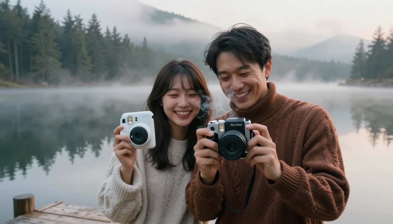 A couple laughing while taking an instant photo on a wooden dock at a mountain lake