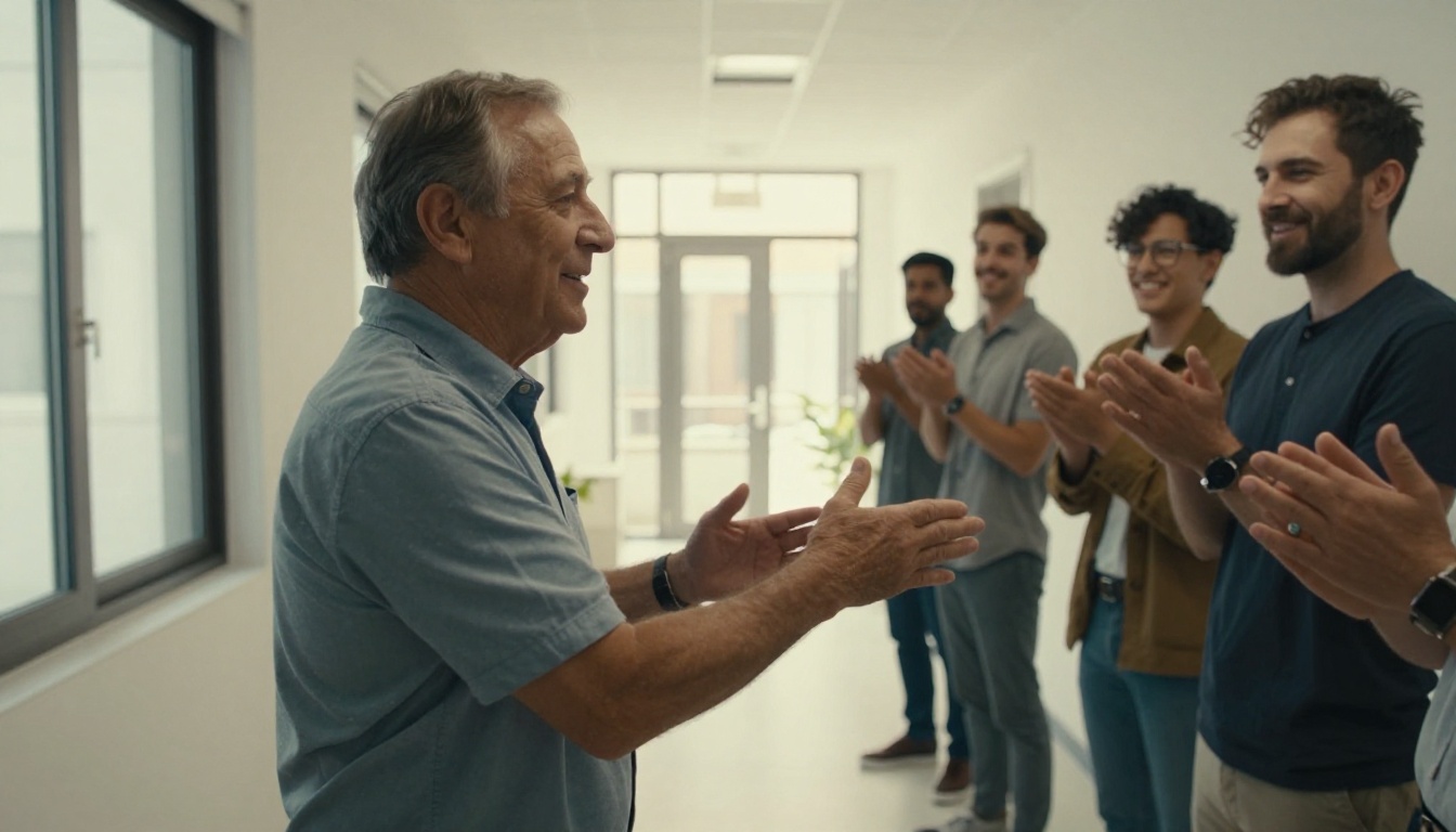 A retiring man shaking hands with a younger colleague as others applaud