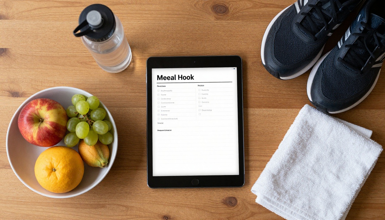 Top-down view of a fitness and meal planner on a wooden table Top-down view of a fitness and meal planner on a wooden table