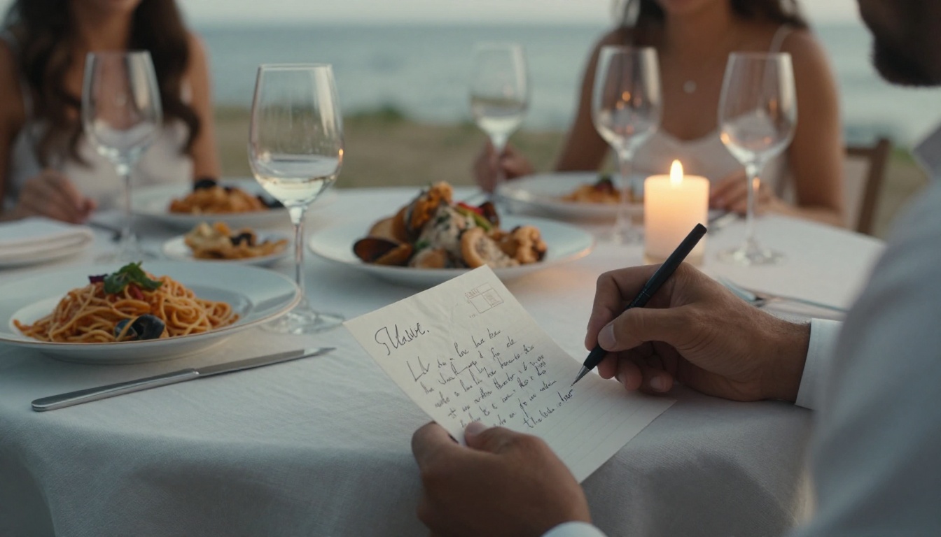 A groom writing a handwritten note on a postcard at a candlelit seaside table