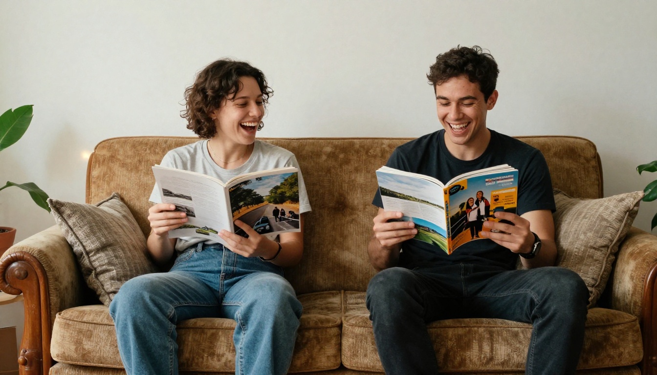 Two best friends laughing on a sofa while flipping through a colorful photo zine Two best friends laughing on a sofa while flipping through a colorful photo zine