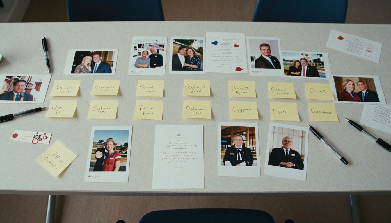Overhead view of a table with photos, cards and pens arranged for a retirement tribute