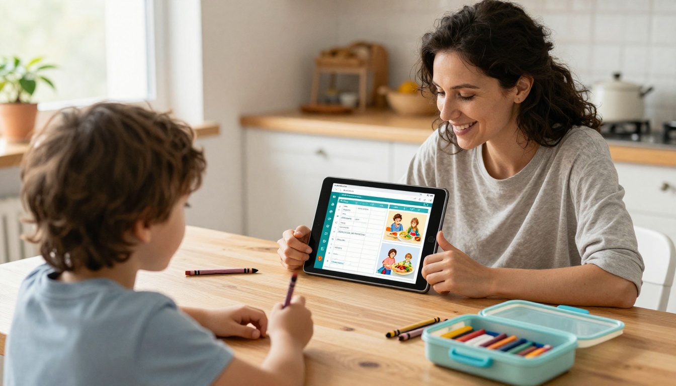 Mother and child at a kitchen table with a family planner Mother and child at a kitchen table with a family planner