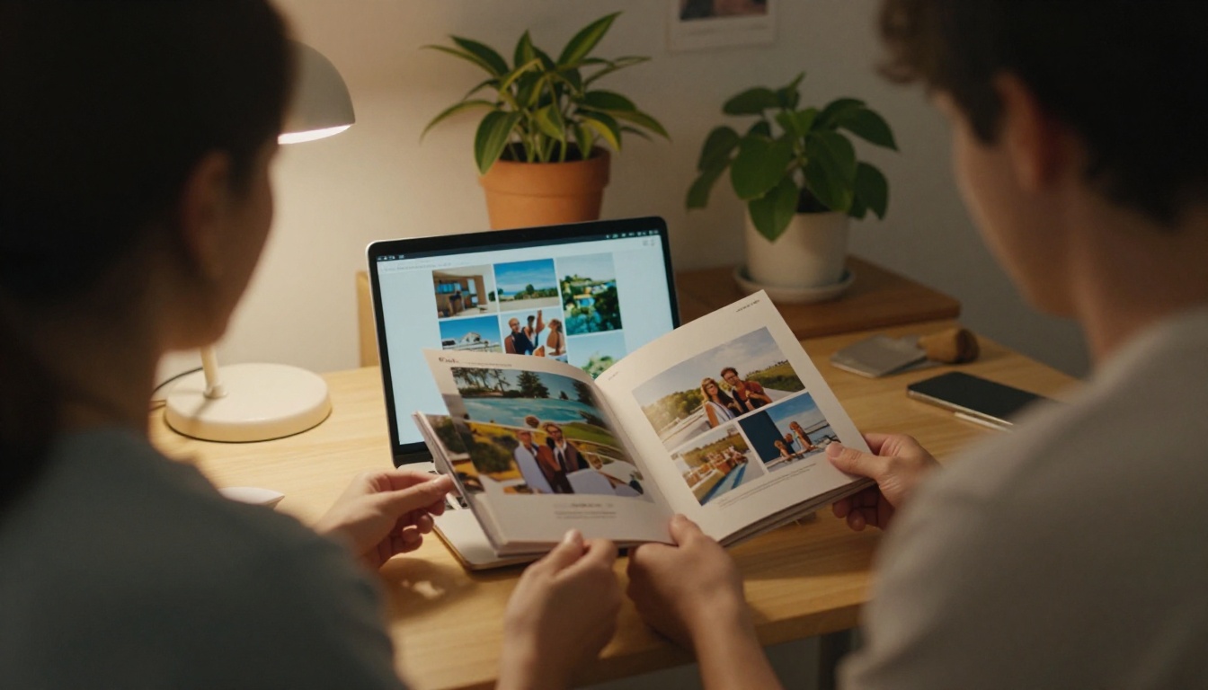 A couple at home flipping through a printed honeymoon album next to a laptop showing a digital flipbook