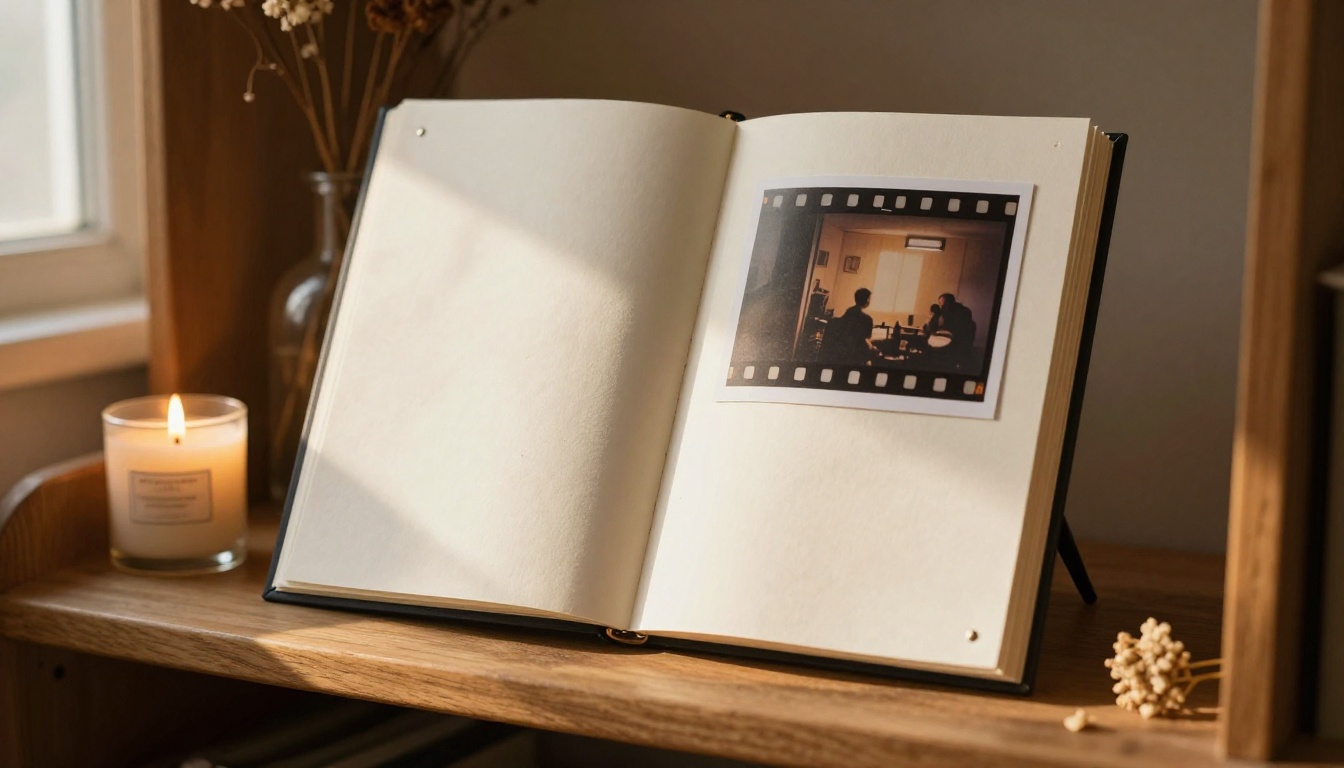 A handmade zine on a wooden shelf next to a candle, dried flowers and a framed film photo A handmade zine on a wooden shelf next to a candle, dried flowers and a framed film photo