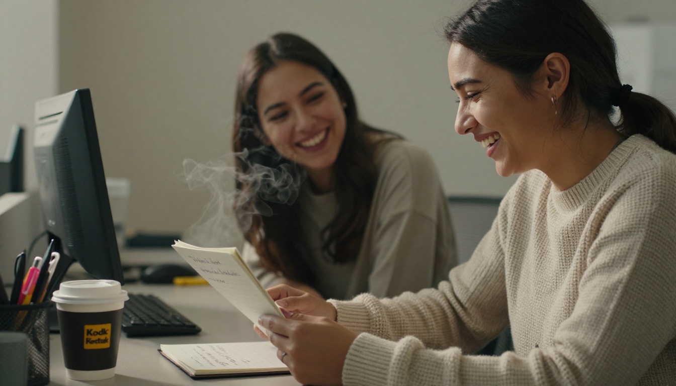 Two coworkers laughing together at a breakroom counter