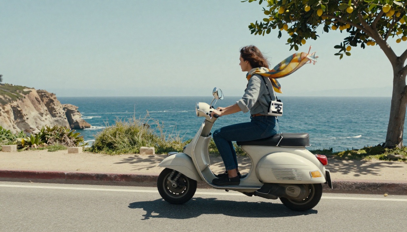 A couple on a vintage scooter on a coastal road with sea cliffs and lemon trees