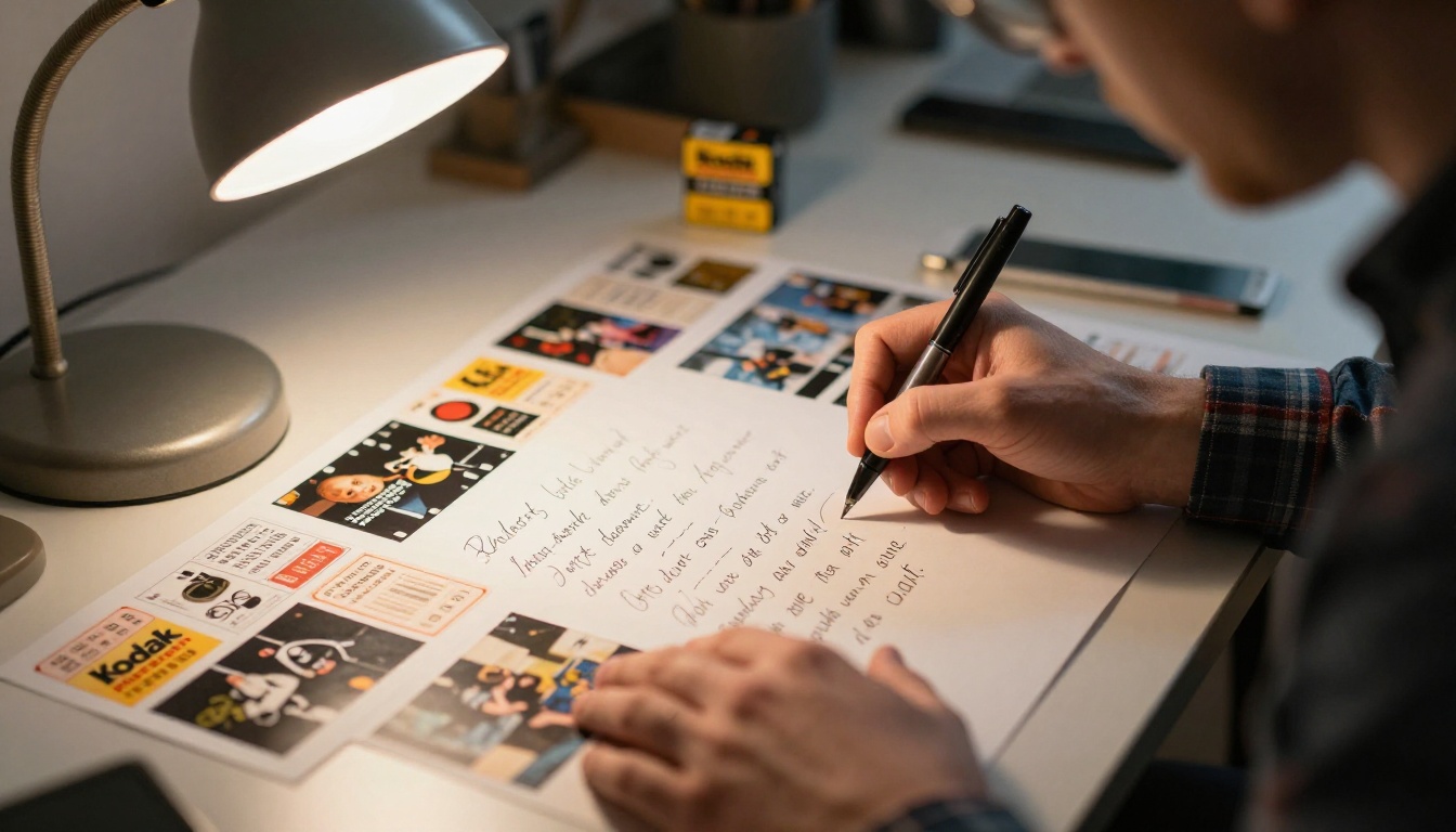 Man writing handwritten captions on a collage page of ticket stubs and film photos Man writing handwritten captions on a collage page of ticket stubs and film photos