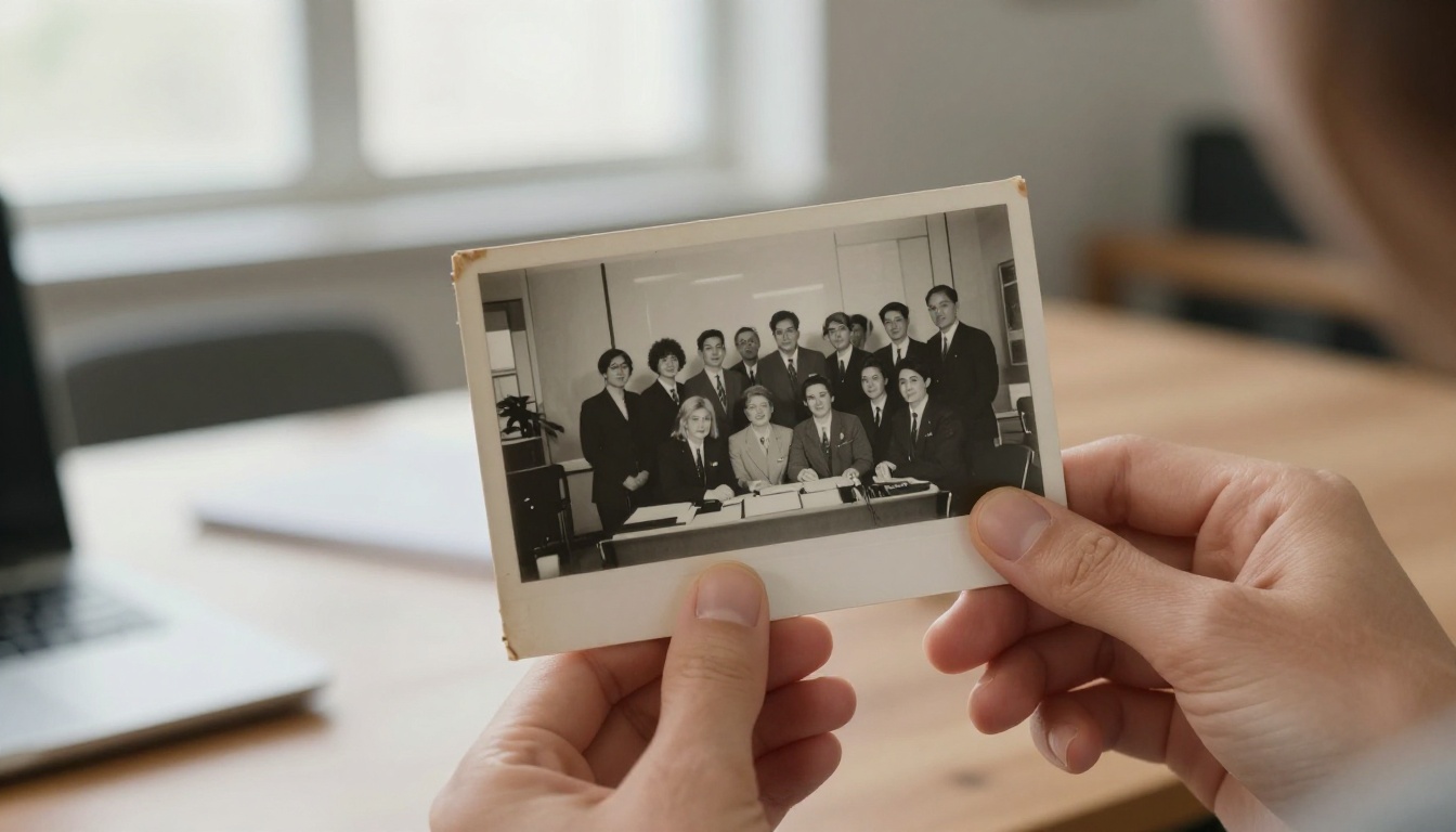 Close-up of hands holding a vintage black and white office team photo