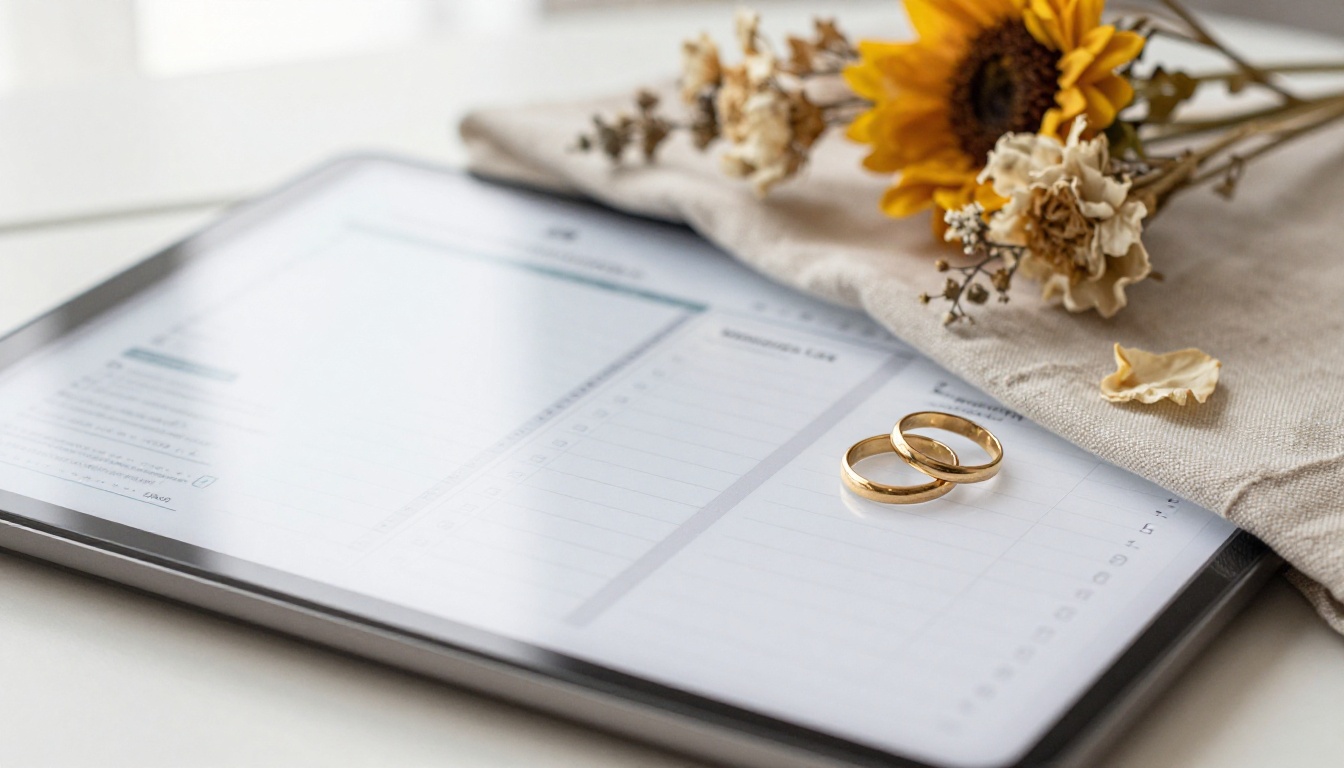 Tablet with a wedding planning digital planner beside gold rings Tablet with a wedding planning digital planner beside gold rings