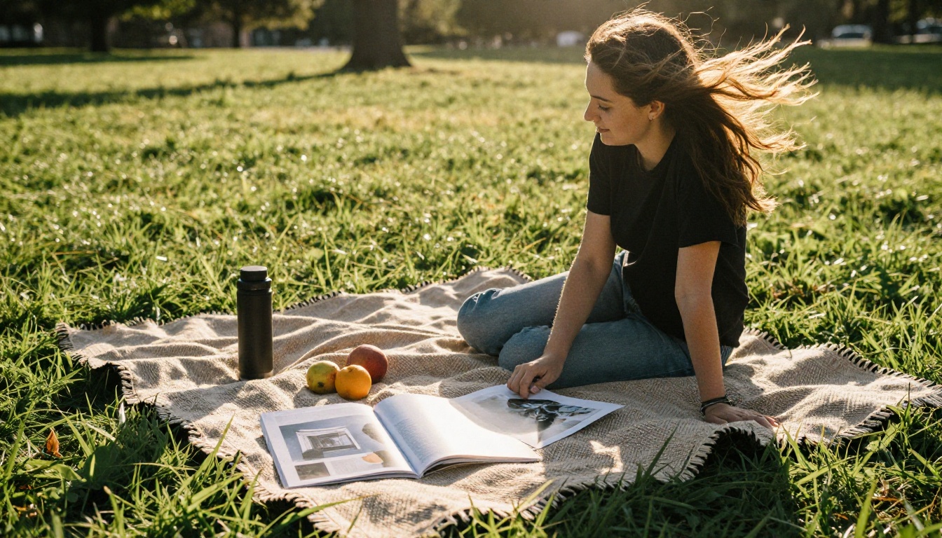 A couple on a picnic blanket at golden hour with a printed photo zine between them A couple on a picnic blanket at golden hour with a printed photo zine between them