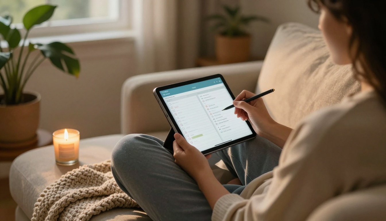 Person journaling on a tablet with a habit tracker planner Person journaling on a tablet with a habit tracker planner