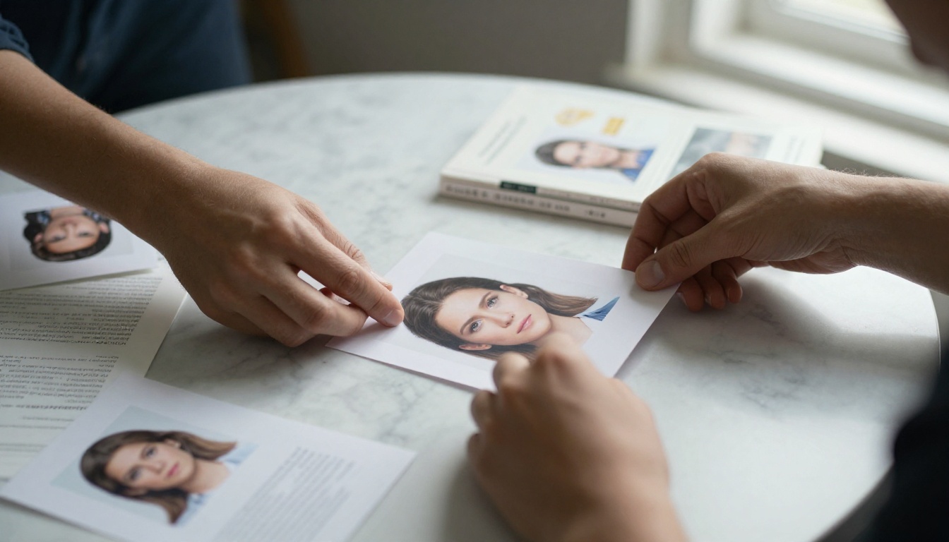 Author arranging printed headshots and a one-page bio on a marble table