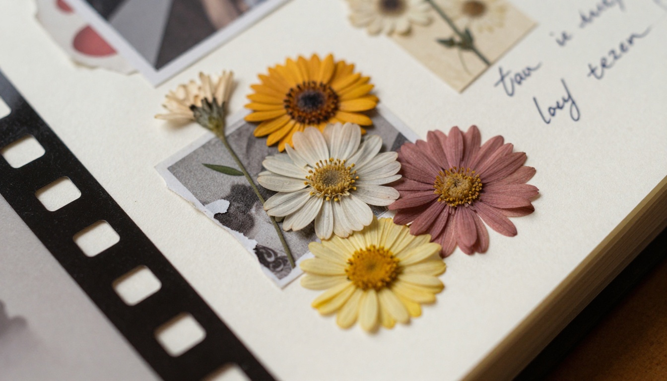 Macro shot of a collage zine spread with torn cutouts, pressed flowers and film strips Macro shot of a collage zine spread with torn cutouts, pressed flowers and film strips