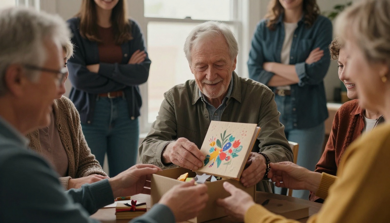 A retiree opening a gift box with a handmade book inside while coworkers smile