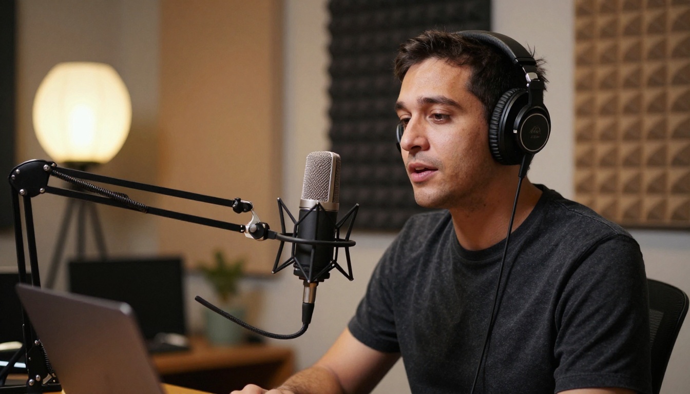 Podcast host speaking into a microphone in a home studio