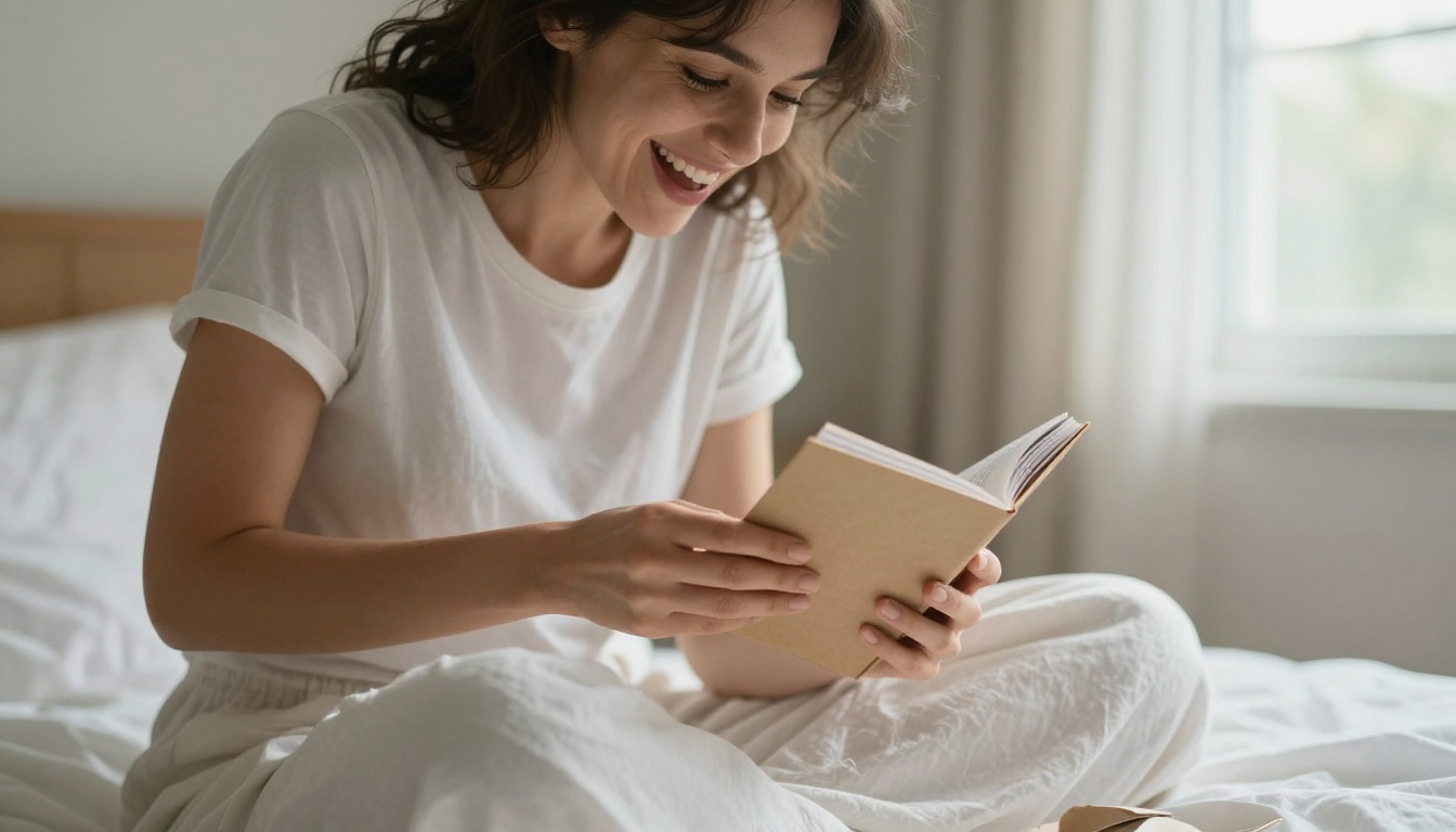 A woman opening a kraft paper gift containing a handmade zine with a joyful smile A woman opening a kraft paper gift containing a handmade zine with a joyful smile