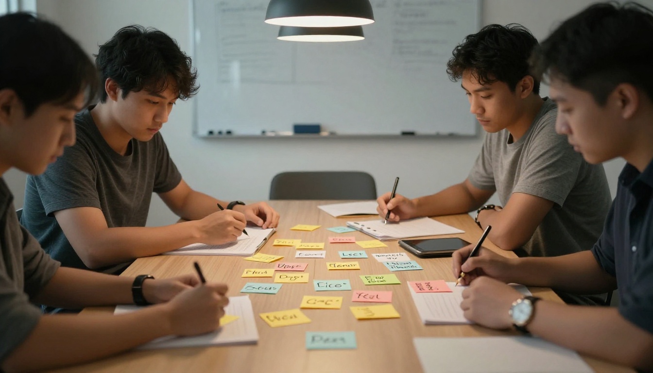 Team brainstorming messages on index cards around a meeting table