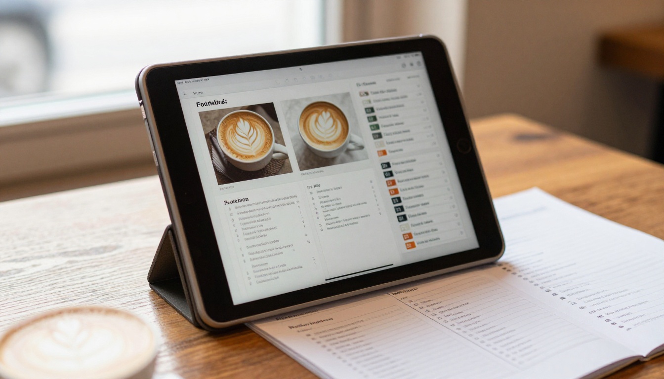 Tablet planner beside a printed planner on a cafe table Tablet planner beside a printed planner on a cafe table