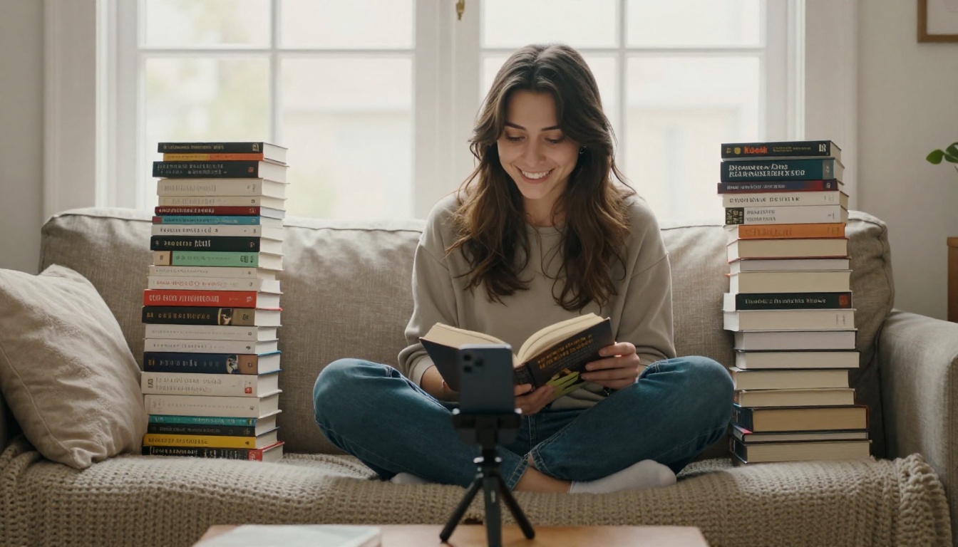 Book blogger on a sofa surrounded by paperbacks filming a review