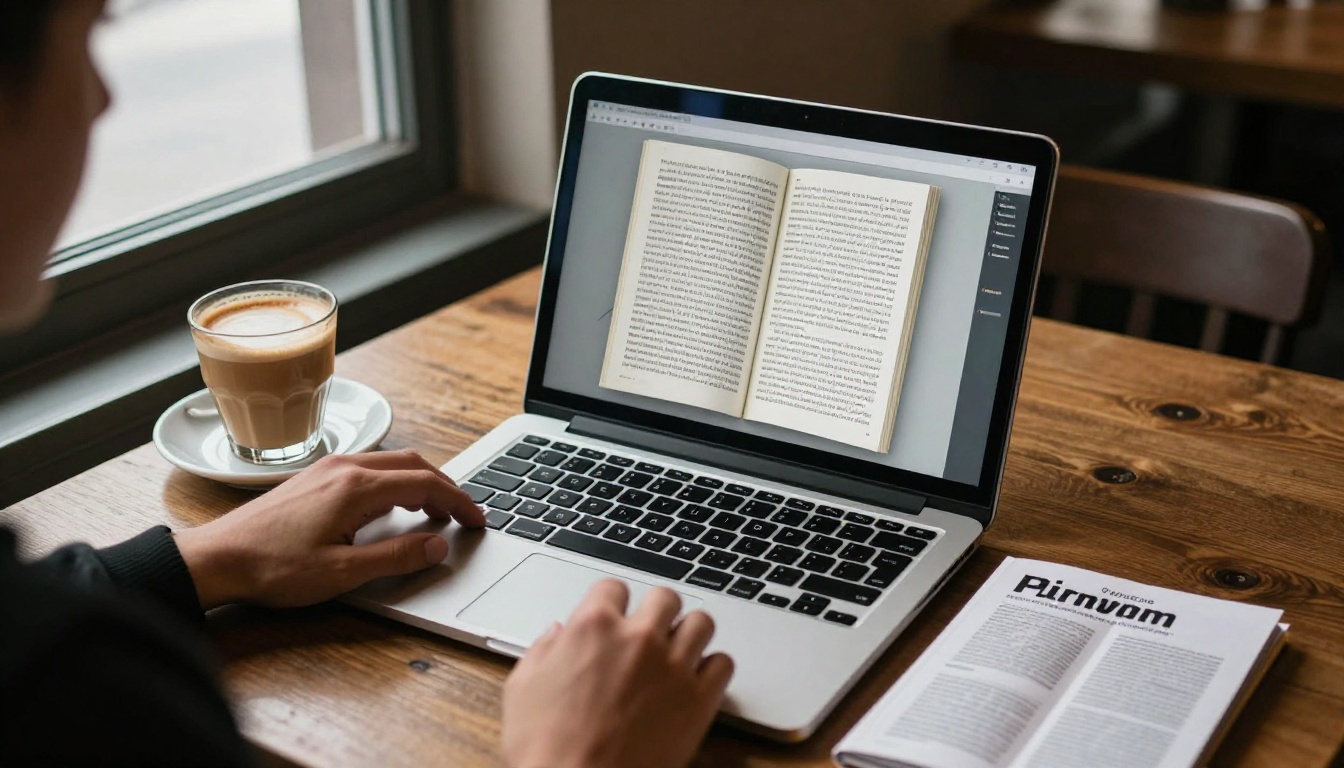 A person reading a digital flipbook version of a zine on a laptop at a café table A person reading a digital flipbook version of a zine on a laptop at a café table