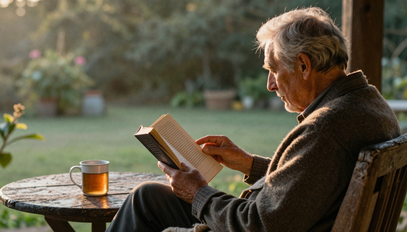 A retired man reading a memory book on his porch at sunrise