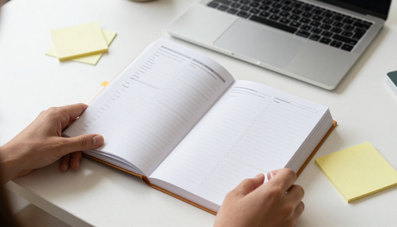 Hands arranging planner sample pages next to a laptop Hands arranging planner sample pages next to a laptop