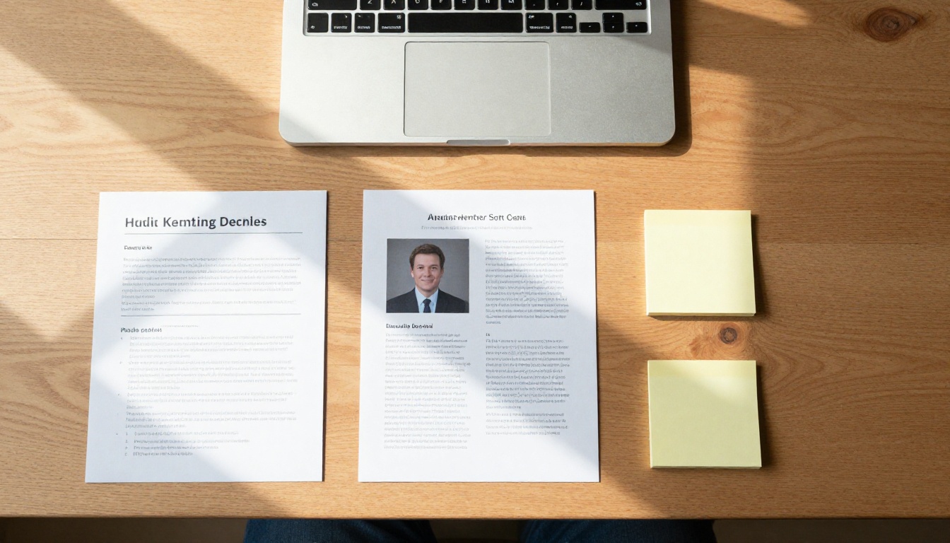 Overhead desk layout with laptop, one-sheet and press photos