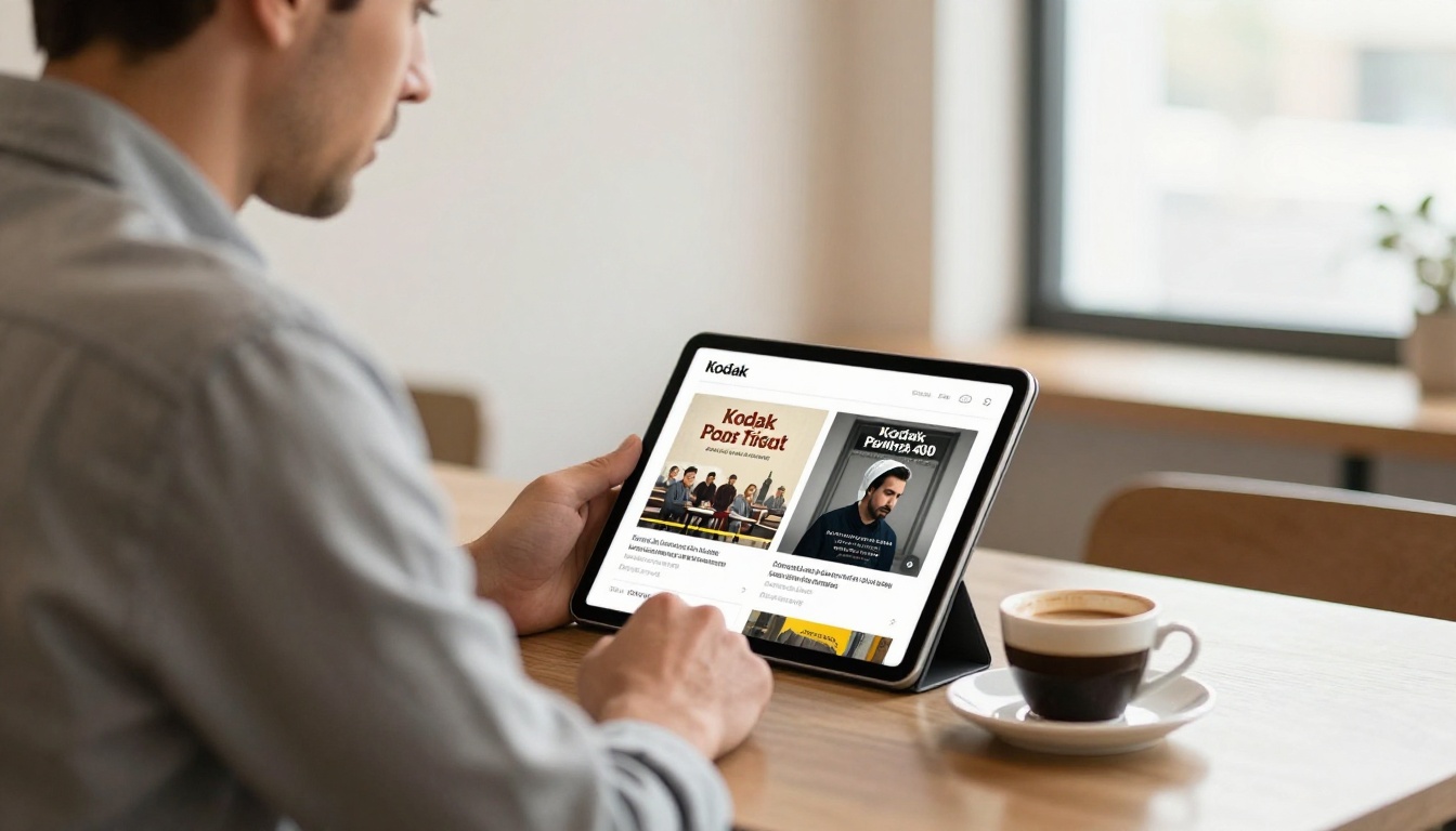 Man reviewing a digital flipbook on a tablet at a cafe