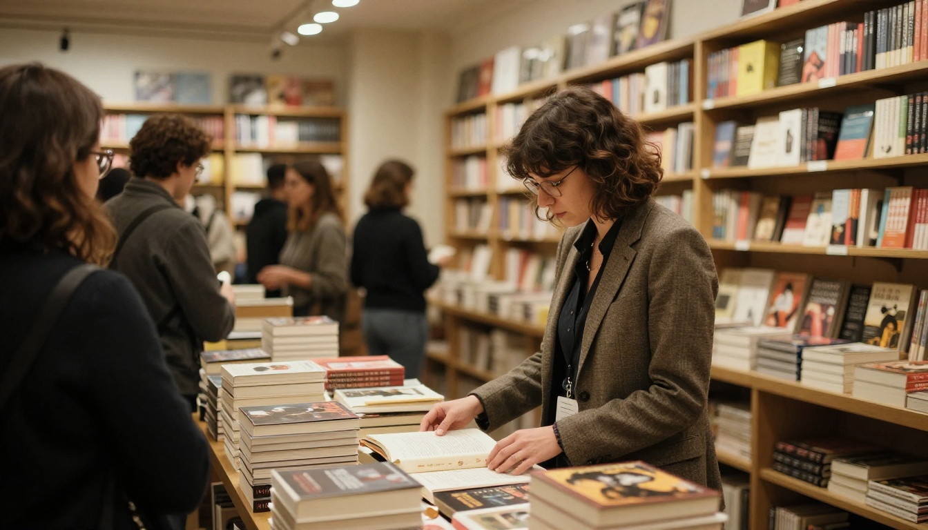 Author at a bookstore event table with signed copies