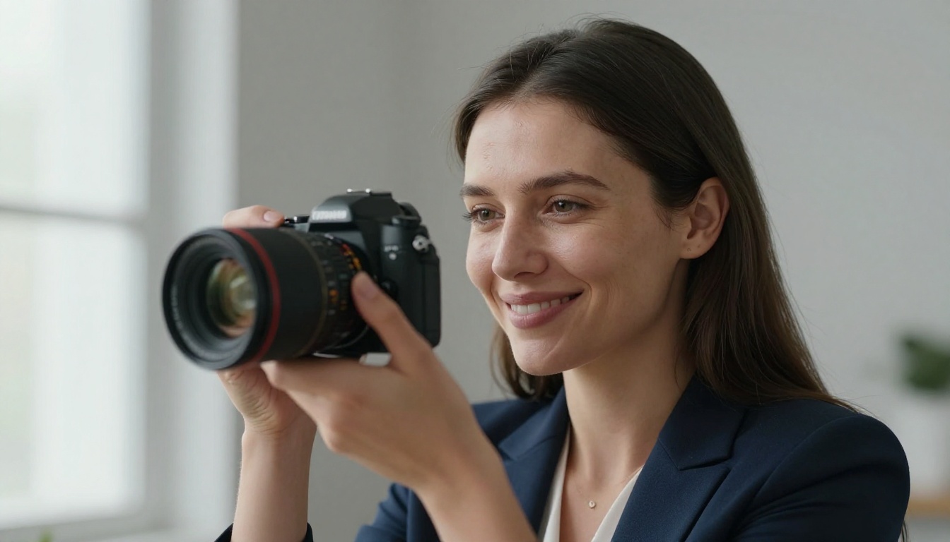 Photographer adjusting a camera during an author headshot session