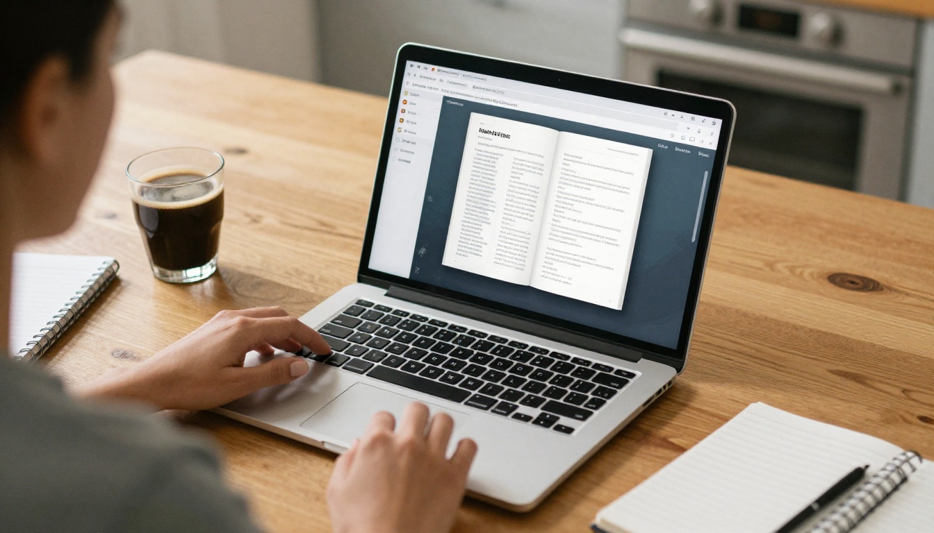 Laptop showing a page-turning digital book on a kitchen table