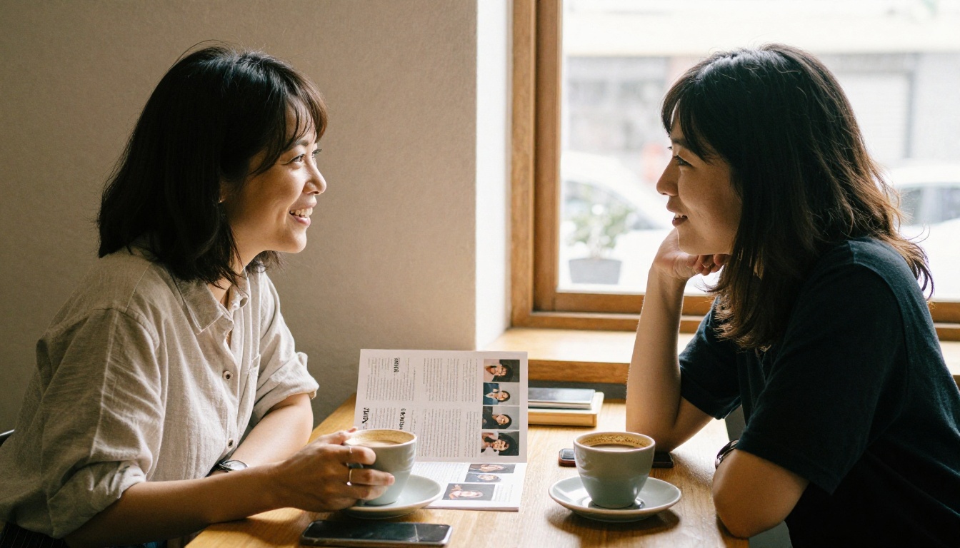 Author and podcast producer talking over coffee with a media kit folder