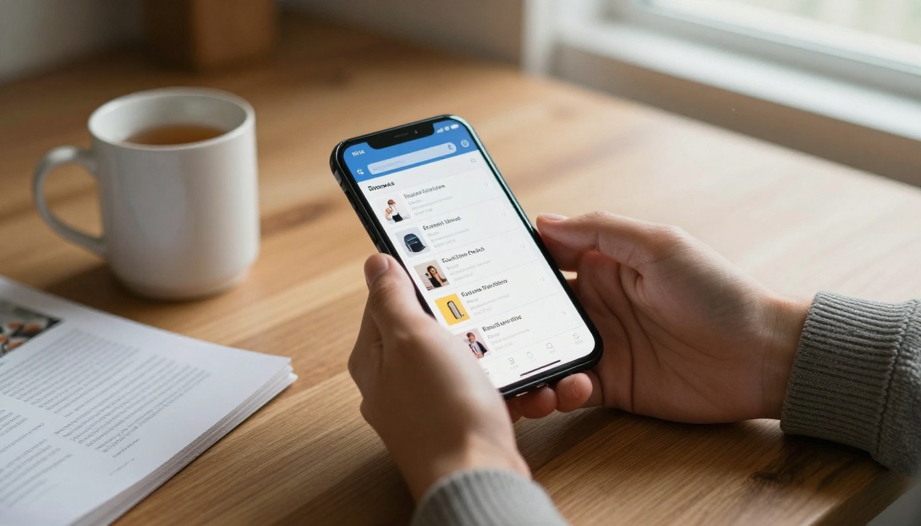 Shopper scrolling a promotional email on a phone at a kitchen table