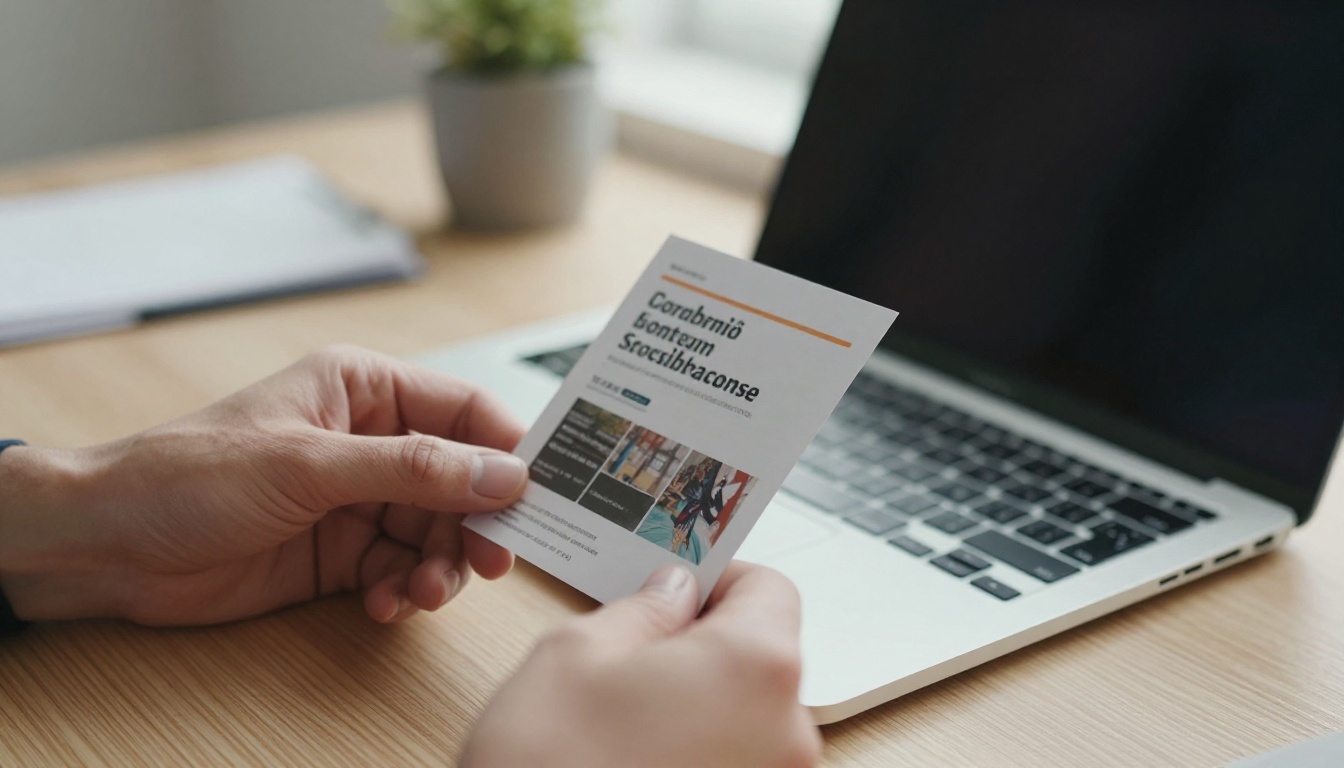 Hands holding a printed flyer beside an open laptop