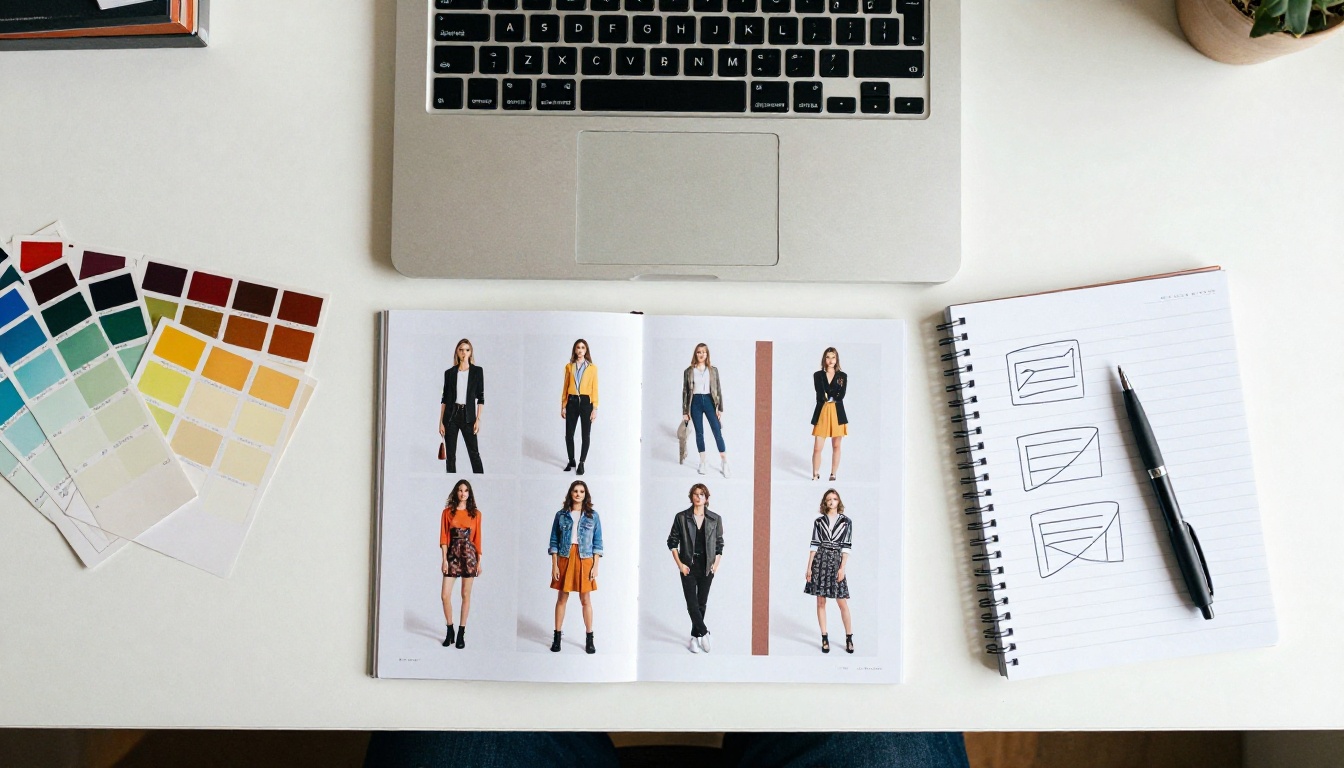 Top-down view of a desk with laptop, printed catalog, swatches and an email wireframe