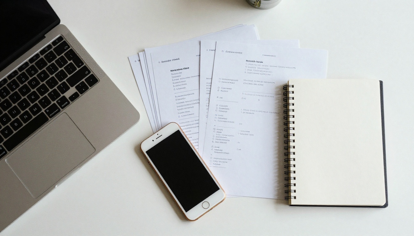 Top-down view of a desk with laptop, phone and printed brochures