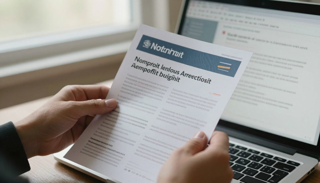 A person marking up a printed nonprofit newsletter beside a laptop