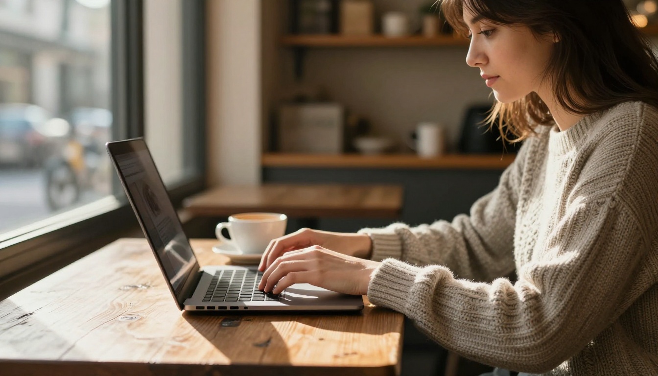 Woman typing on a laptop in a cafe
