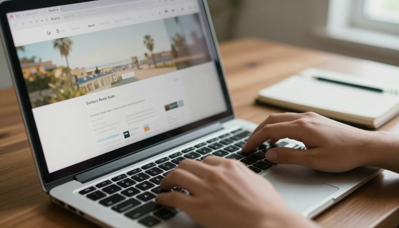 Hands typing on a laptop with a website builder dashboard open Hands typing on a laptop with a website builder dashboard open