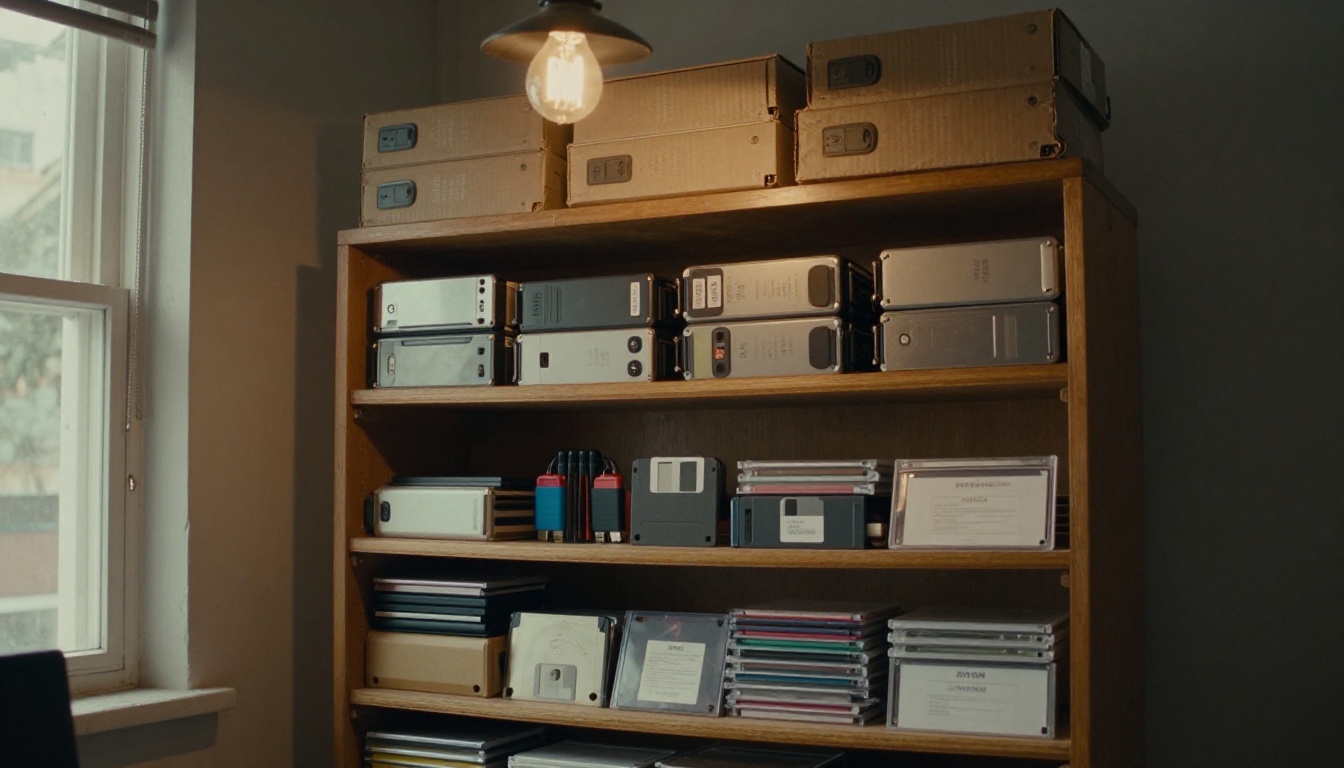 Shelves of old hard drives, USB sticks and CDs holding archived design files