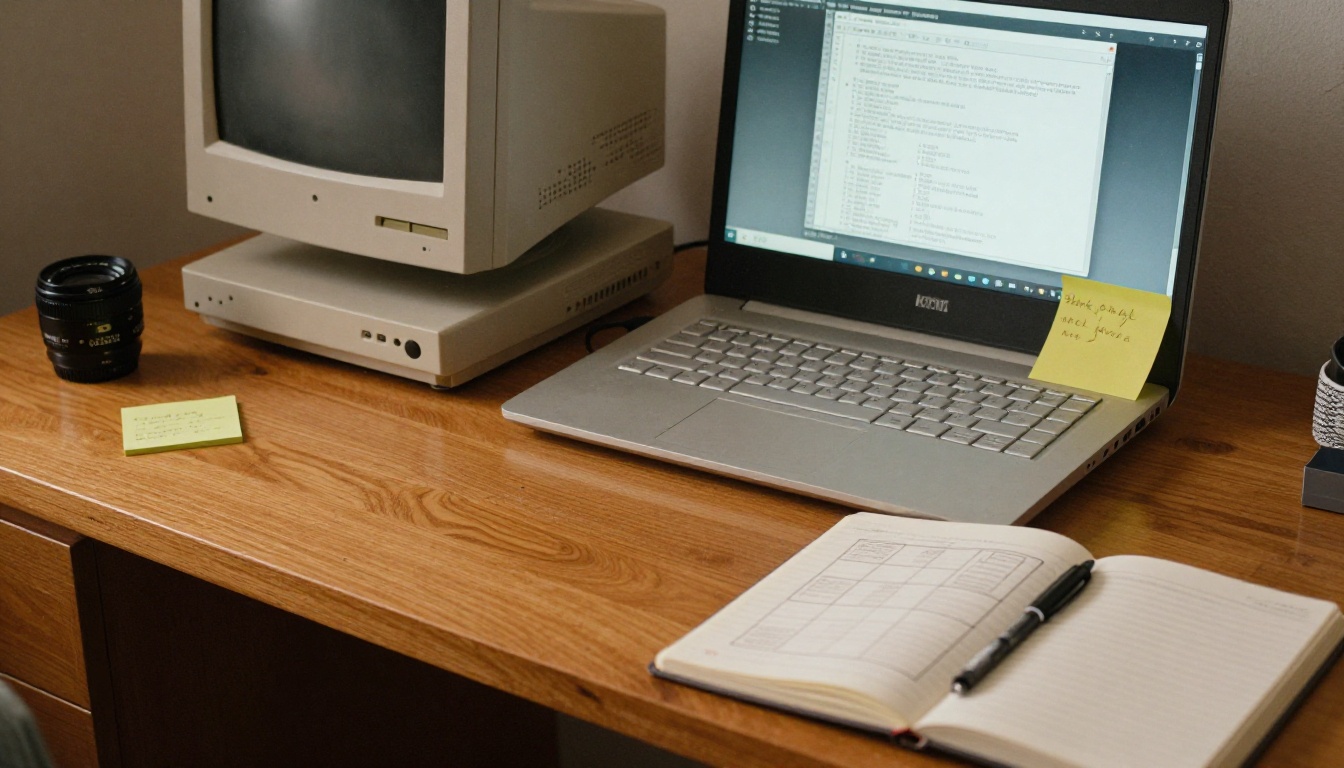 An old desktop computer beside a modern laptop with layout notes