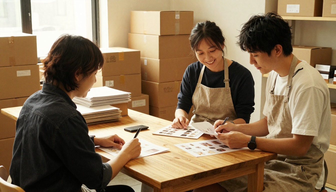 Two shop owners reviewing a printed catalog together in a boutique back room